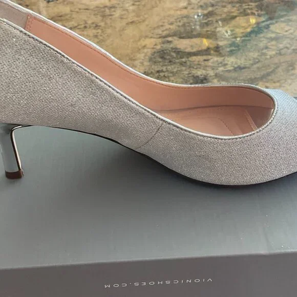 I. Miller Silver Sparkle Low Heeled Formal Prom Bridal Open Toe Shoes - Picture 10 of 10